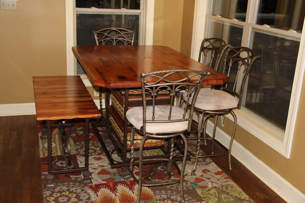 Table-40x60 distressed mahogany sq. steel frame w/bench and chairs
