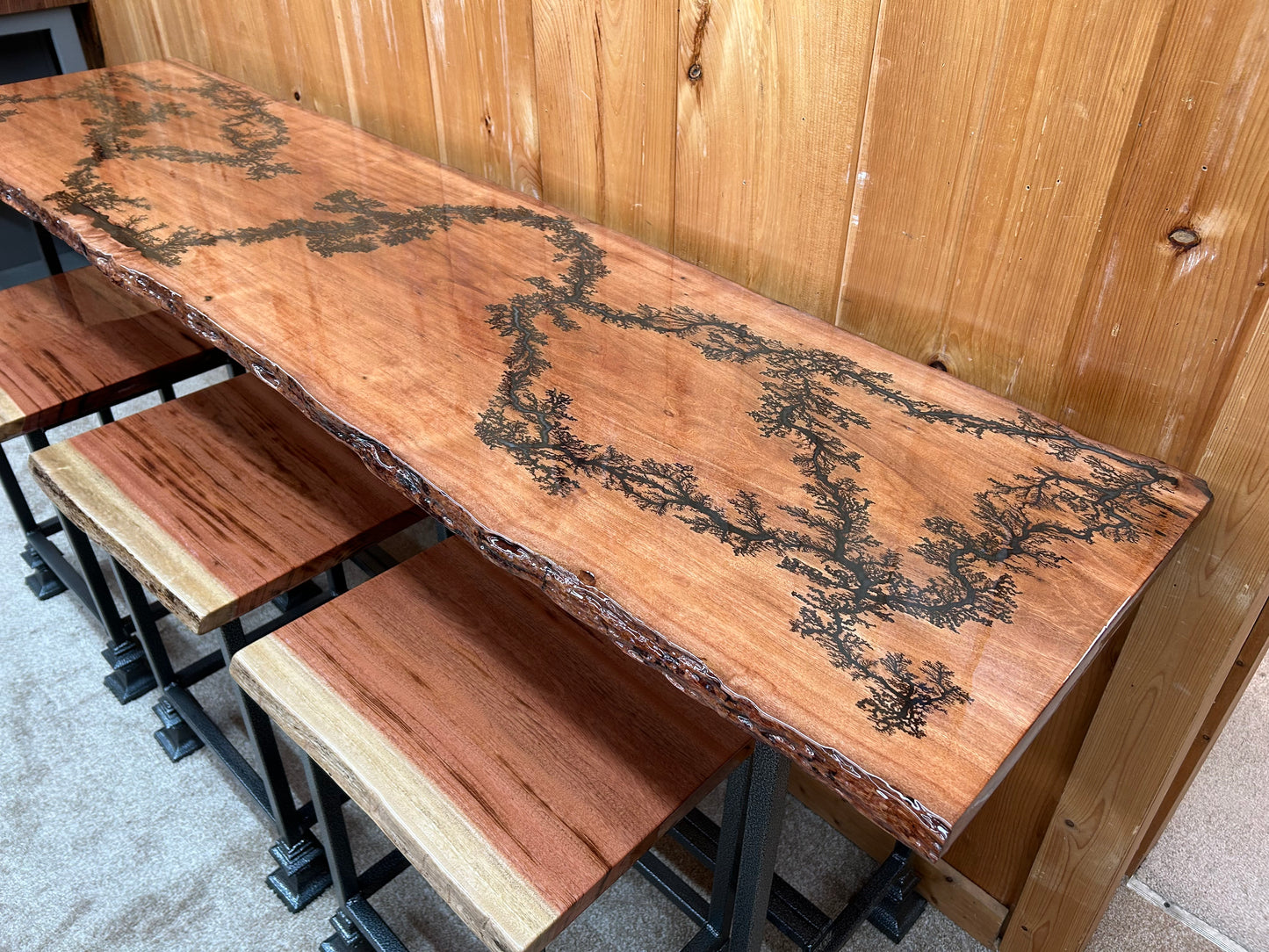 Live Edge- Fractal Burn Sofa Bar Table with 3 Bar Stools