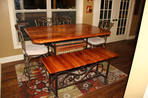 Table-40x60 distressed mahogany sq. steel frame w/bench and chairs