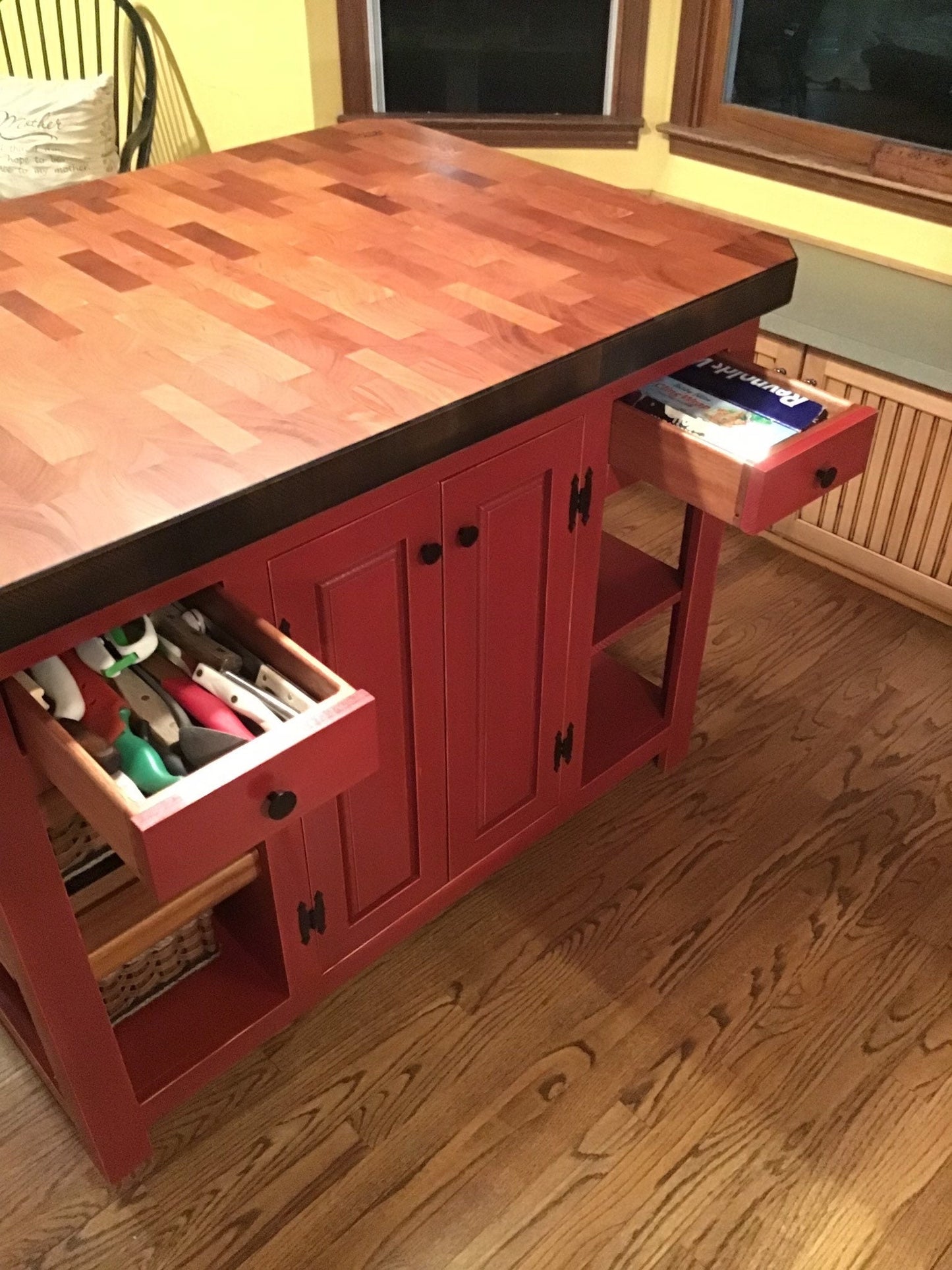 Farmhouse island- Mama’s Dream Island w/ Mahogany End Grain Butcher Block with bar seating