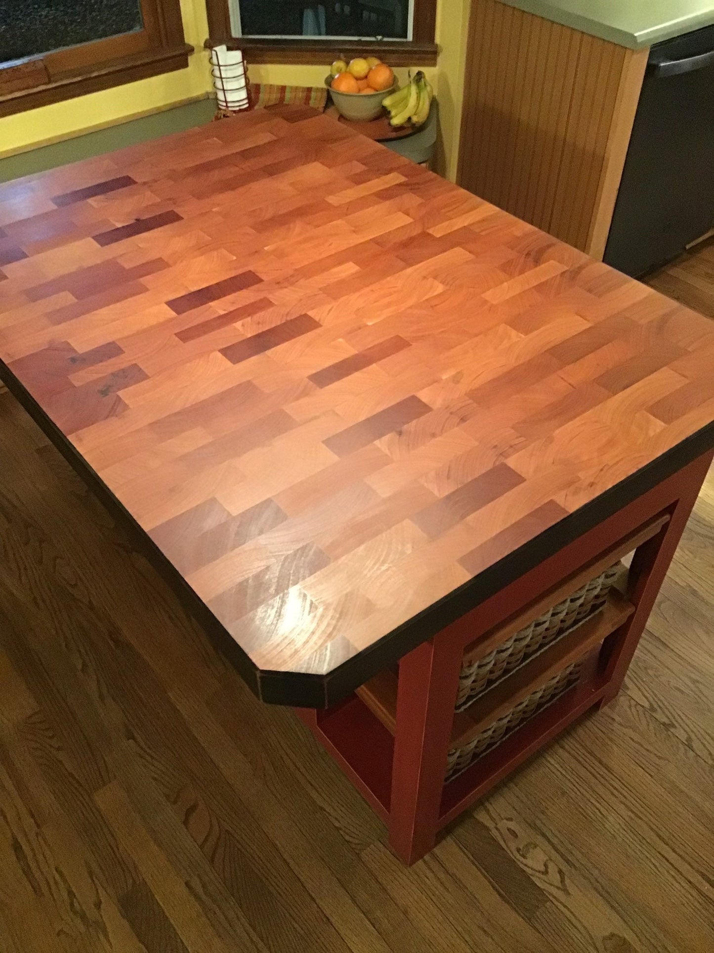 Farmhouse island- Mama’s Dream Island w/ Mahogany End Grain Butcher Block with bar seating