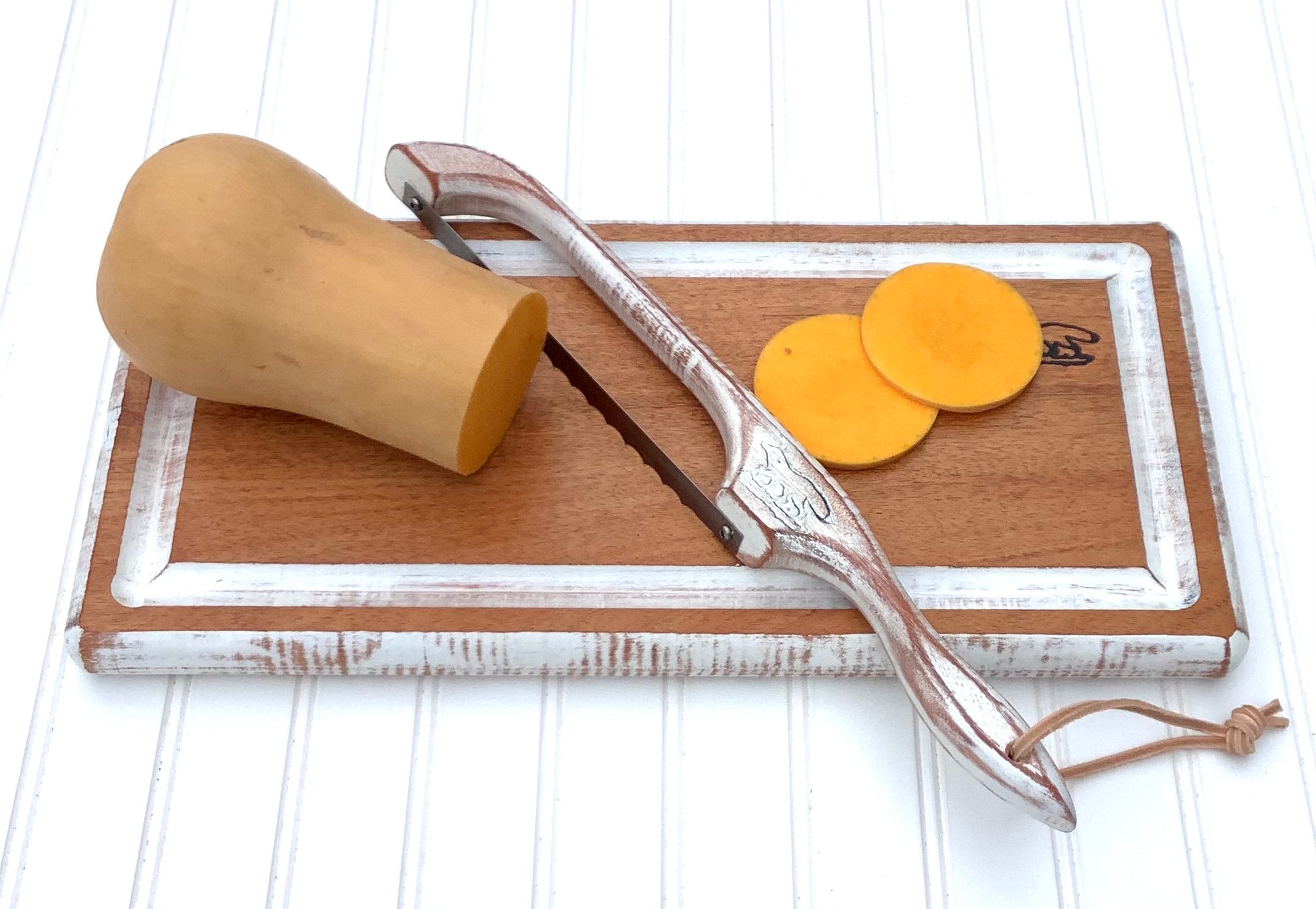 Cutting board--end grain mahogany cutting board and bow knife set