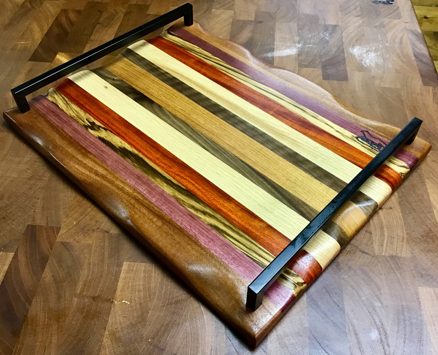 Charcuterie Board-Exotic Wood Stripes w/handle